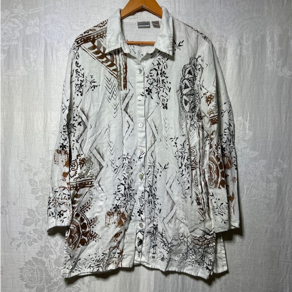 Chicos Button Up 3 XL White Black Brown 100% Linen Long Sleeve Tunic Pockets